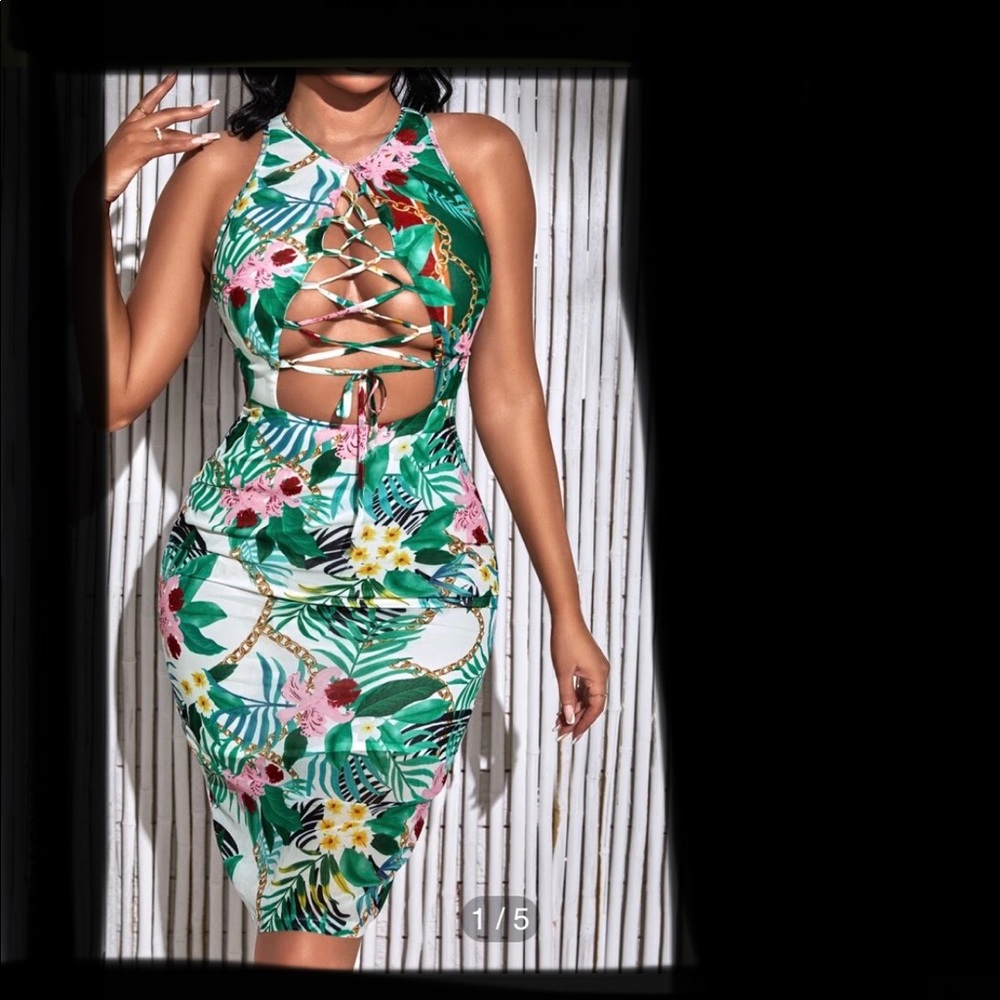 New tropical knee length midi dress sexy slit open front lace up sheer small